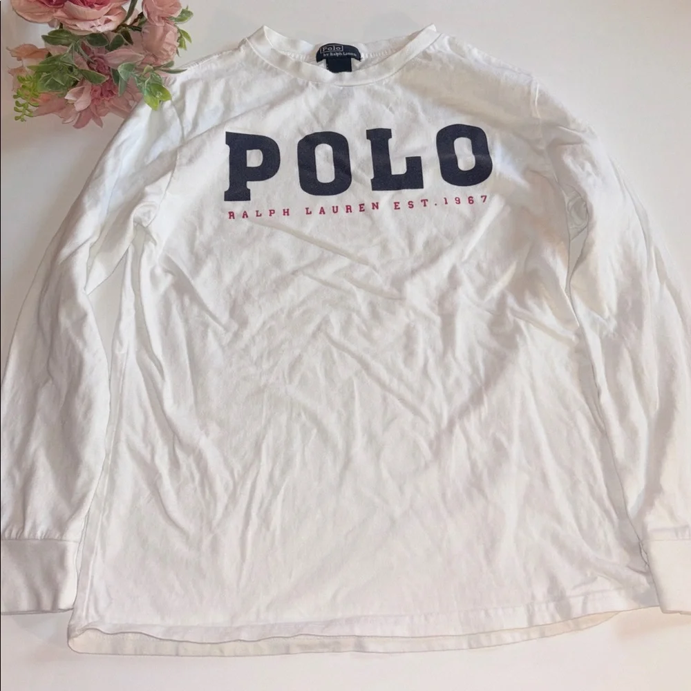 Ralph Lauren White Polo Shirt Boys Long Sleeve White POLO Logo T Shirt Large - Picture 5 of 17